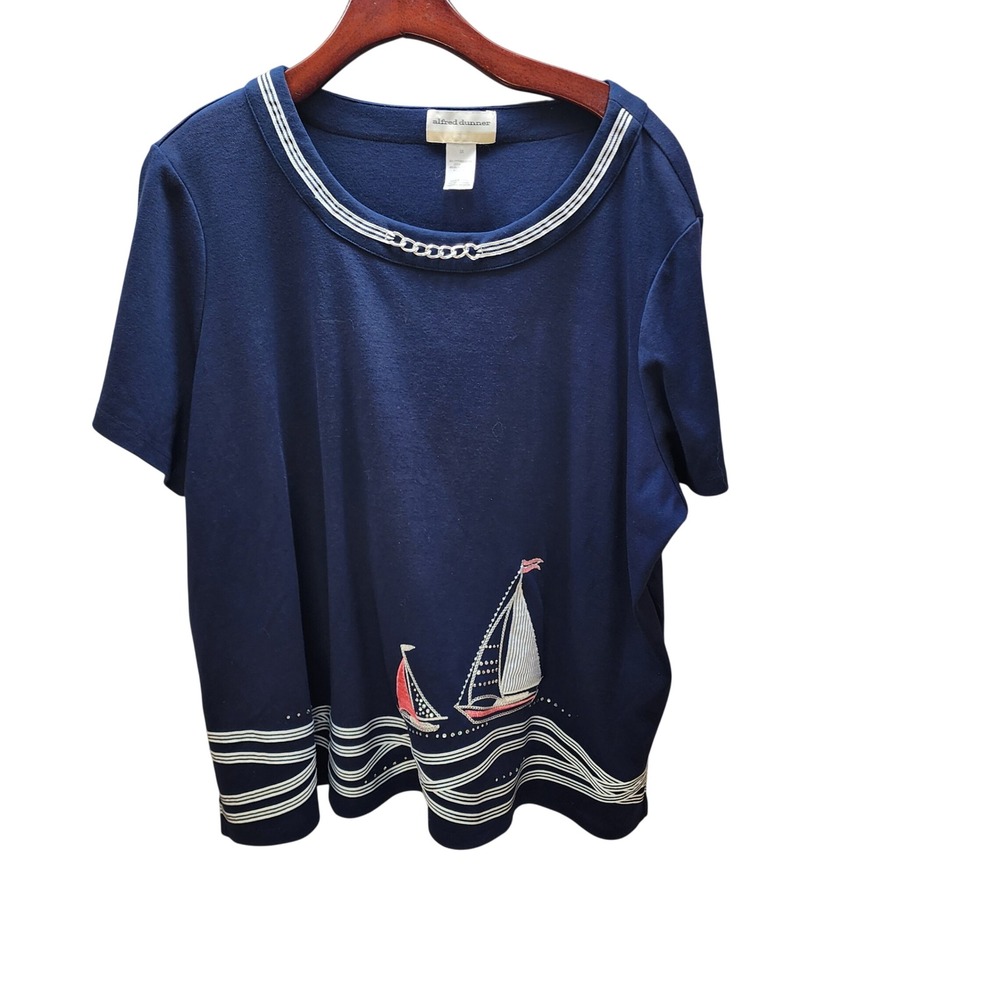 Alfred Dunner Woman 3X Navy Blue Nautical Sailboat Rhinestone Chain Neck Top